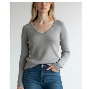 BLOOMINGDALE'S 100% Cashmere Silver Gray V-Neck Sweater Rhinestone Women's S NEW